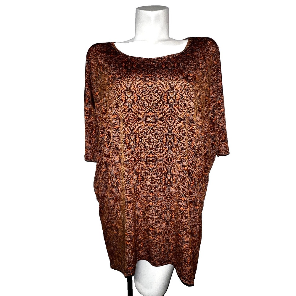 LuLaRoe Irma Tunic Top Womens Large Orange Black Geometric Kaleidoscope High Low